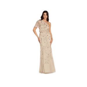 ADRIANNA PAPELL Floral Hand-Beaded One-Shoulder Long Blouson Gown-Biscotti -NWT
